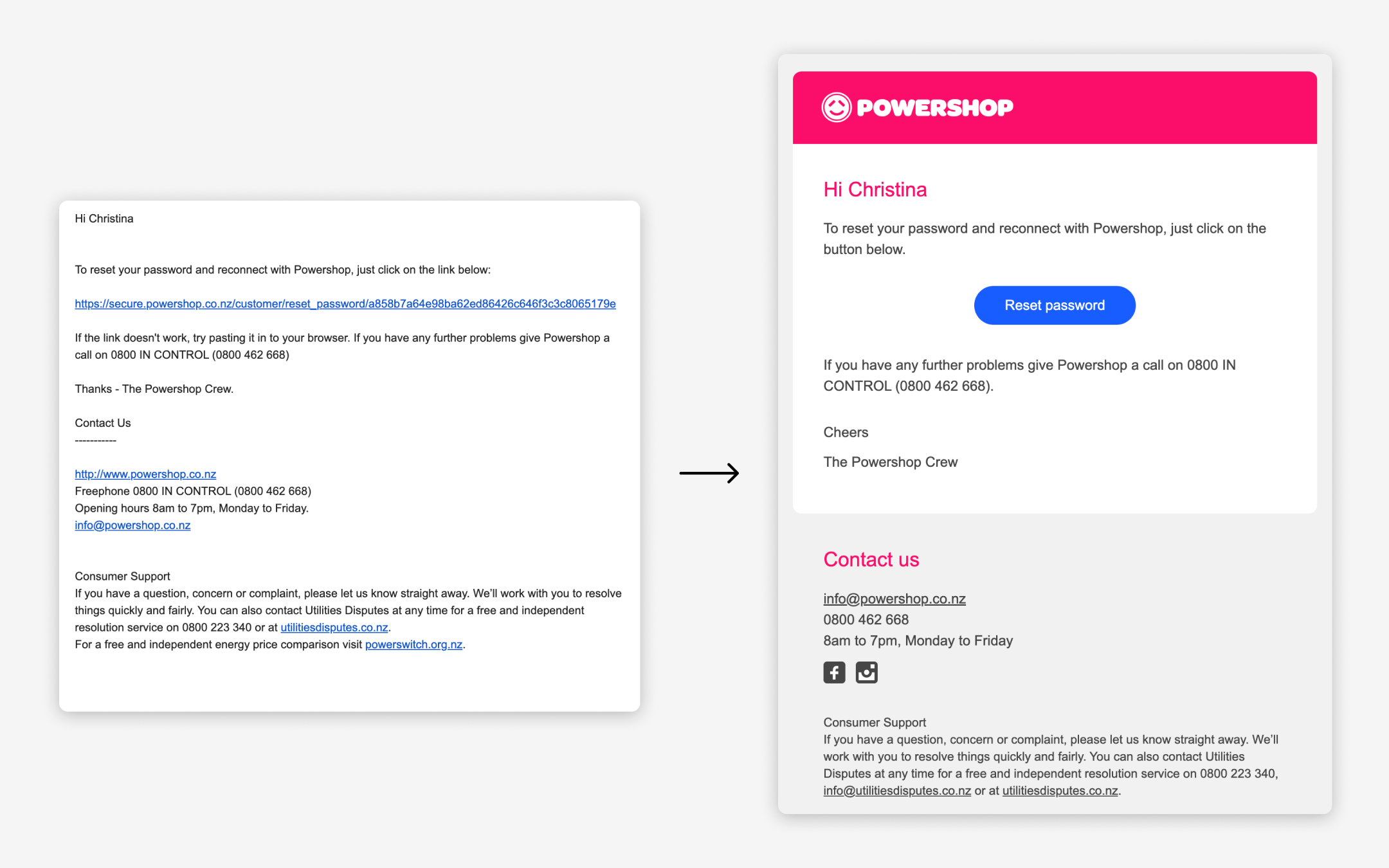 Plain text email next to the new HTML email